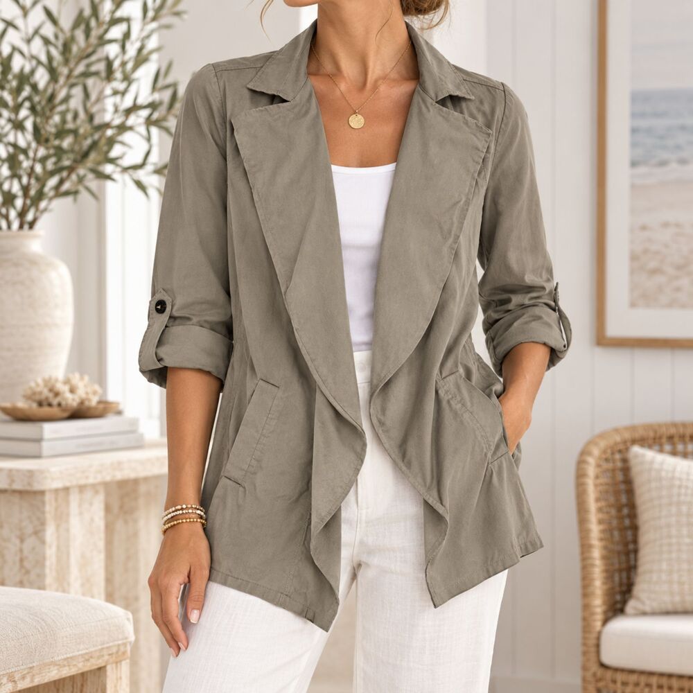 Chicos Olive Green Utility Jacket Open Front Draped Roll Tab Sleeve Size 1 M